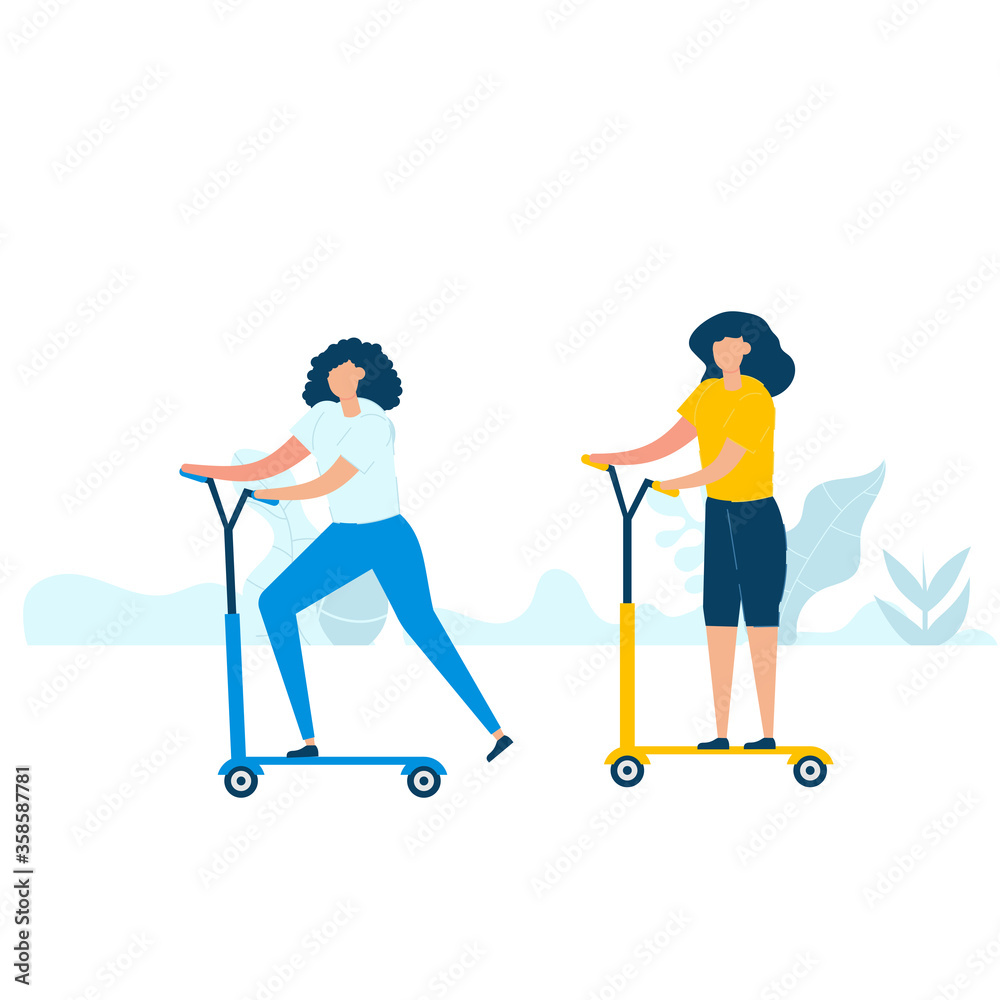 Character design of two young women riding kick scooters together in nature with healthy lifestyle concept. Vector illustration in flat style