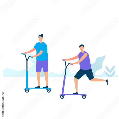 Character design of two young man riding kick scooters together in nature with healthy lifestyle concept. Vector illustration in flat style