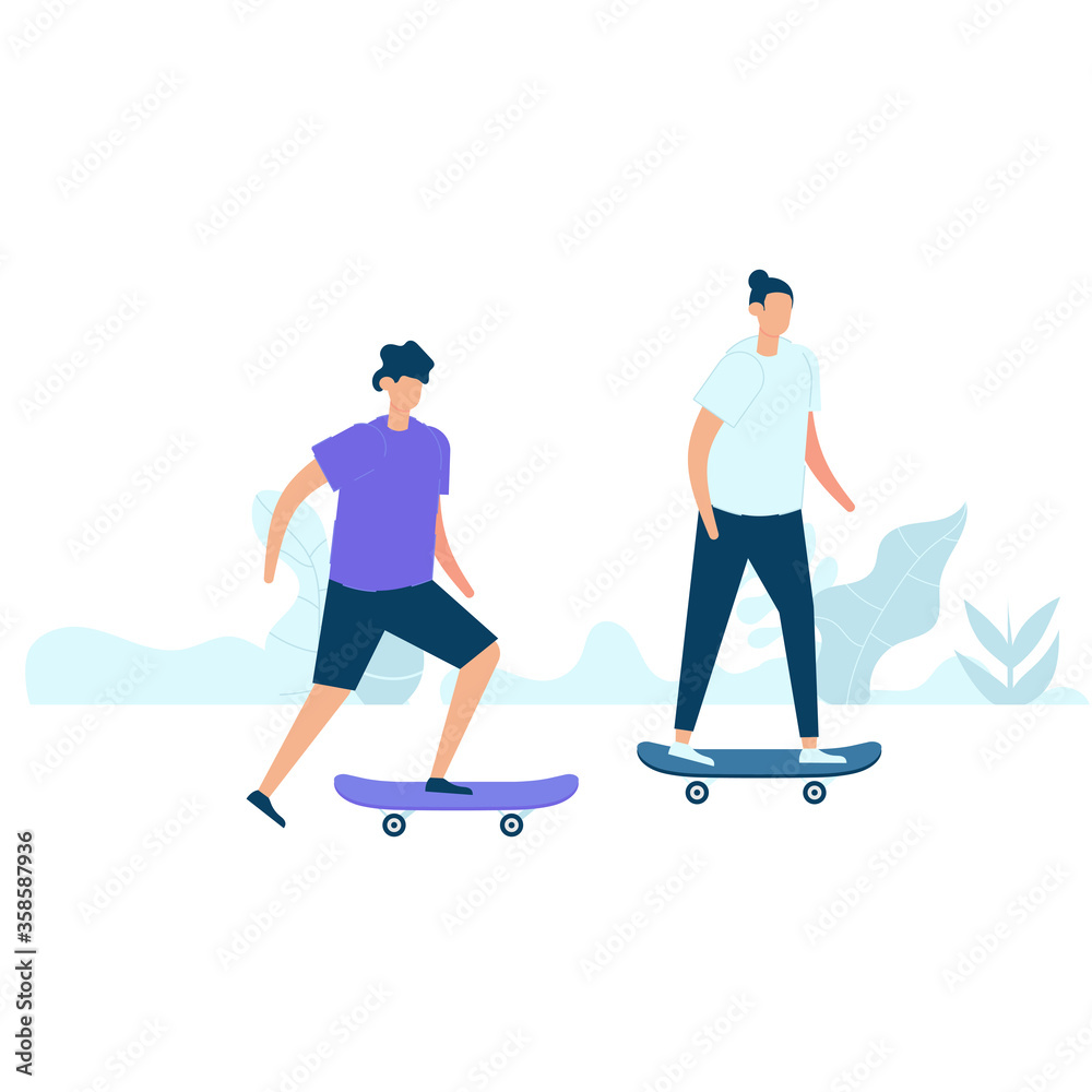 Character design of two young man riding a skateboard together in nature with healthy lifestyle concept. Vector illustration in flat style