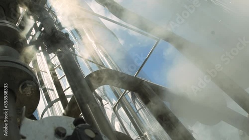 Closeup view gray, new, innovative equipment of a factory which are eliminating steam.