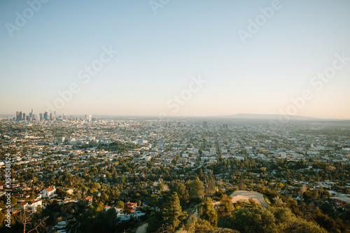 Drone view of urban scenery with low houses among green plants and distant downtown with modern skyscrapers against clear blue sky in summer in California