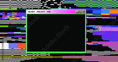 Glitched screen with random colorful pixel noise pattern. Vaporwave and webpunk style background.