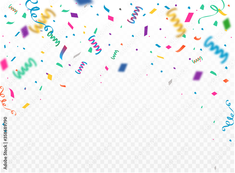 Celebration background template with confetti and colorful ribbons. Vector illustration