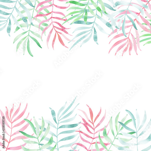 Square Summer template with watercolor tropical leaves isolated with white place 