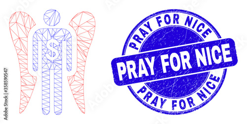 Web carcass angel investor icon and Pray for Nice seal stamp. Blue vector round grunge stamp with Pray for Nice caption. Abstract carcass mesh polygonal model created from angel investor icon.