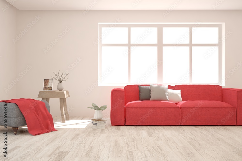Fototapeta premium White stylish minimalist room with pink sofa. Scandinavian interior design. 3D illustration
