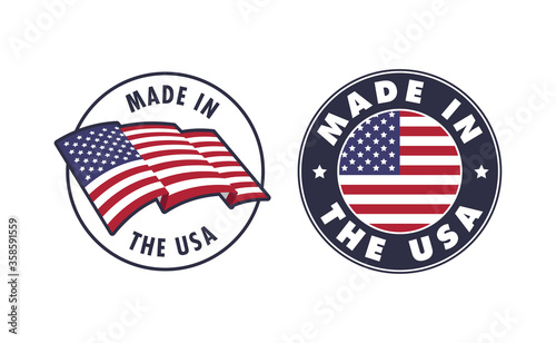 Made in the USA badge collection. American proud badge. United States of America flag color symbol.
