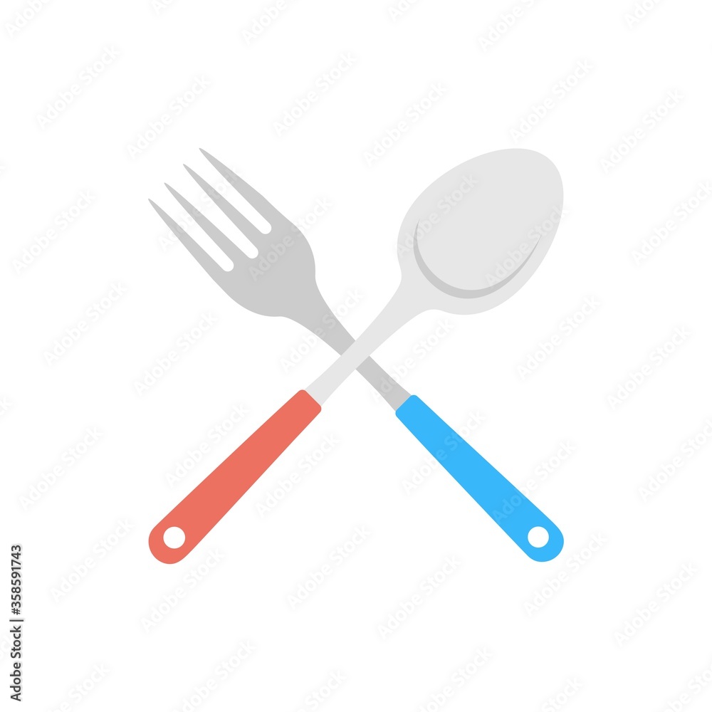 Crossed fork and spoon icon in flat design style. Crossed fork and spoon icon in flat design style.