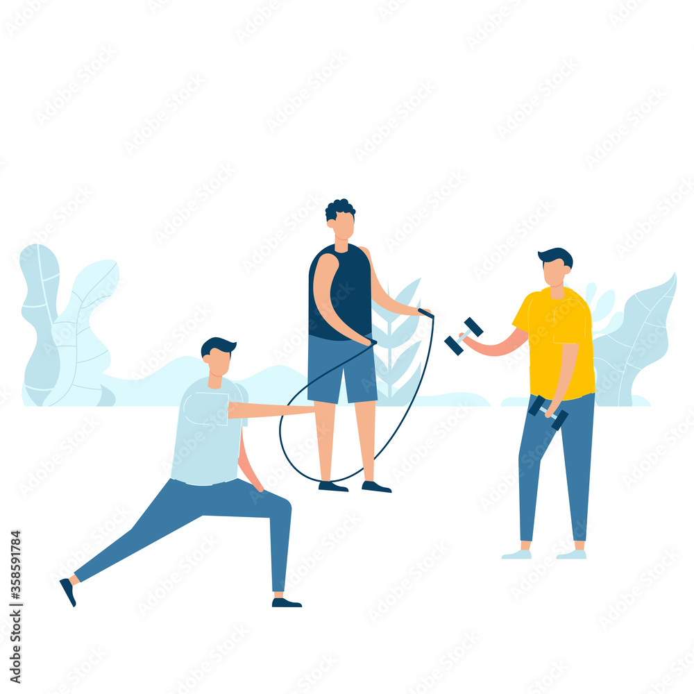 Obraz premium Group of young men practicing exercise with skipping, holding dumbbell, and stretching in nature. Vector illustration character with healthy lifestyle concept in flat style