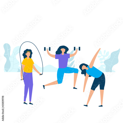 Group of young women practicing exercise with skipping, holding dumbbell, and stretching in nature. Vector illustration character with healthy lifestyle concept in flat style