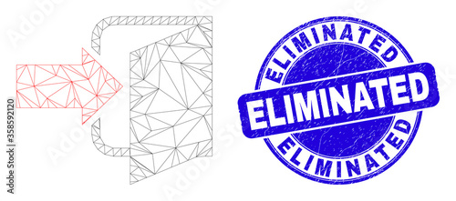 Web mesh exit door icon and Eliminated seal stamp. Blue vector rounded textured watermark with Eliminated title. Abstract frame mesh polygonal model created from exit door icon.