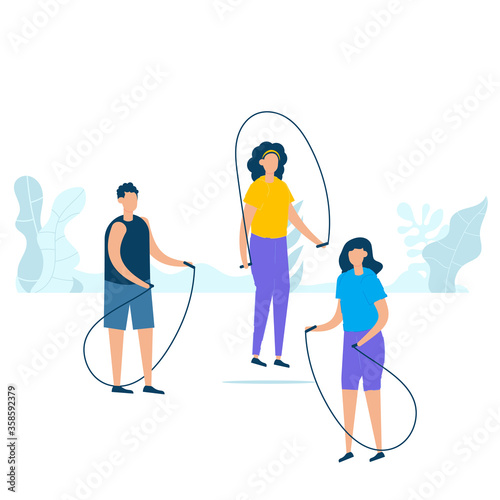 Character design of group young people jumping with rope together in nature with healthy lifestyle concept. Vector illustration in flat style