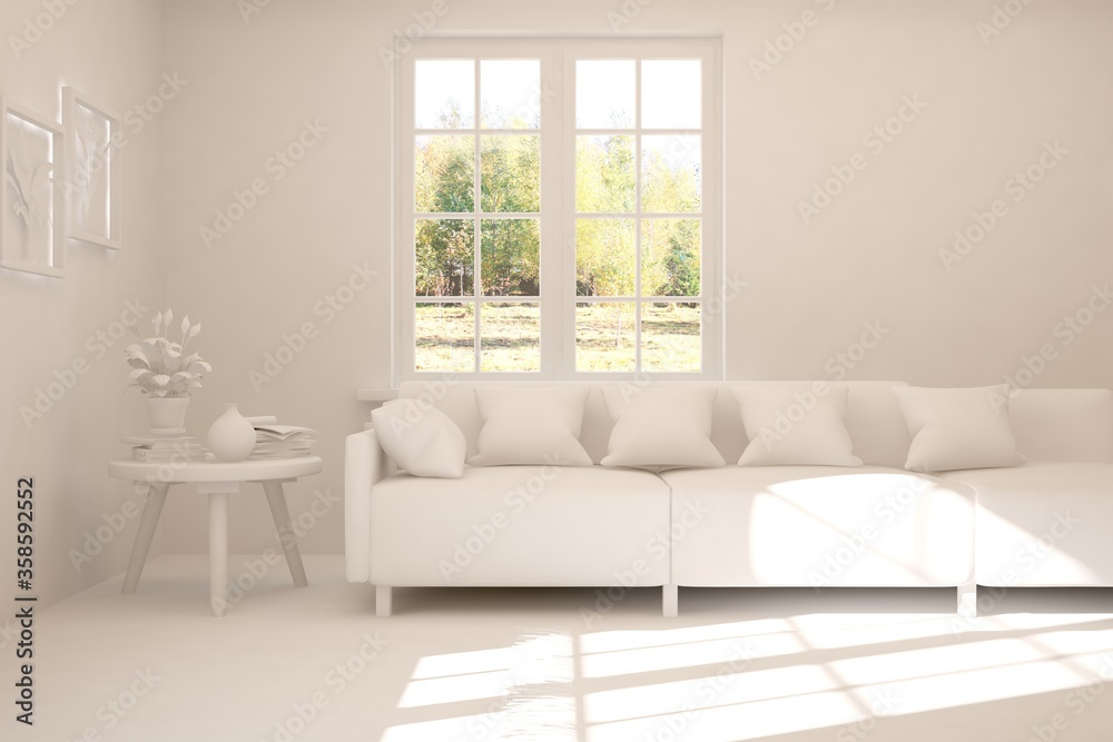 Fototapeta premium White stylish minimalist room with sofa and autumn landscape in window. Scandinavian interior design. 3D illustration