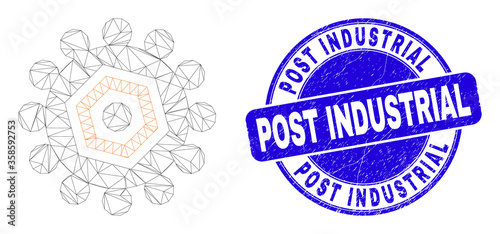 Web carcass gear icon and Post Industrial seal stamp. Blue vector rounded distress seal with Post Industrial message. Abstract carcass mesh polygonal model created from gear icon.