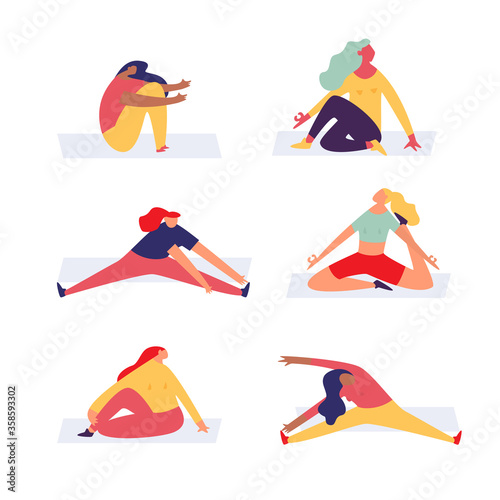 Set of yoga exercising women. Sport training vector