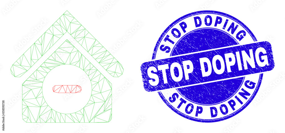 Obraz premium Web mesh forbidden house icon and Stop Doping stamp. Blue vector rounded textured stamp with Stop Doping title. Abstract frame mesh polygonal model created from forbidden house icon.
