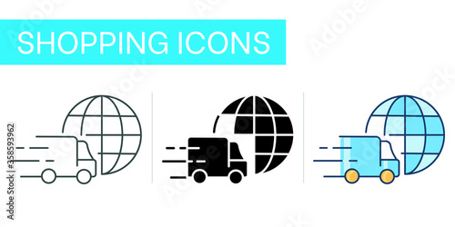 Icons set, international delivery by car