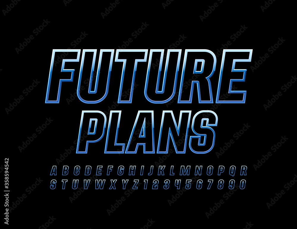Vector business template Future Plans with Blue metallic Font. Reflective Alphabet Letters and Numbers