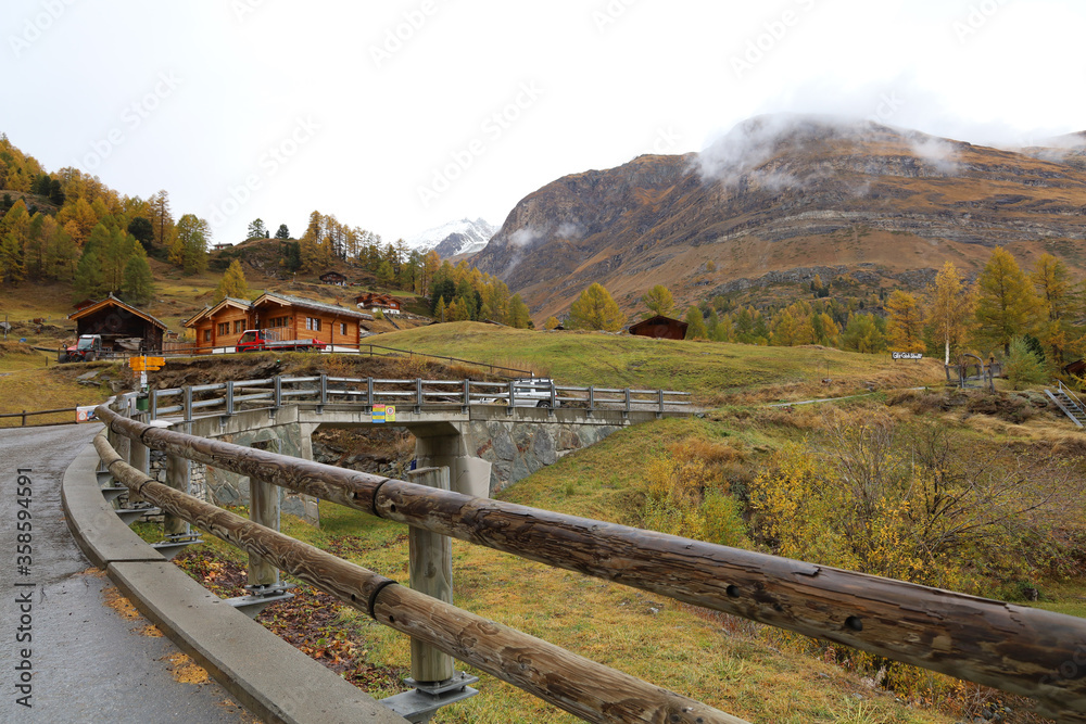 Zermatt, Switzerland-October 21, 2019:View of The Old Building on Furi cable car station in autumn and rainny day. at furi village ,Zermatt ,Switzerland.