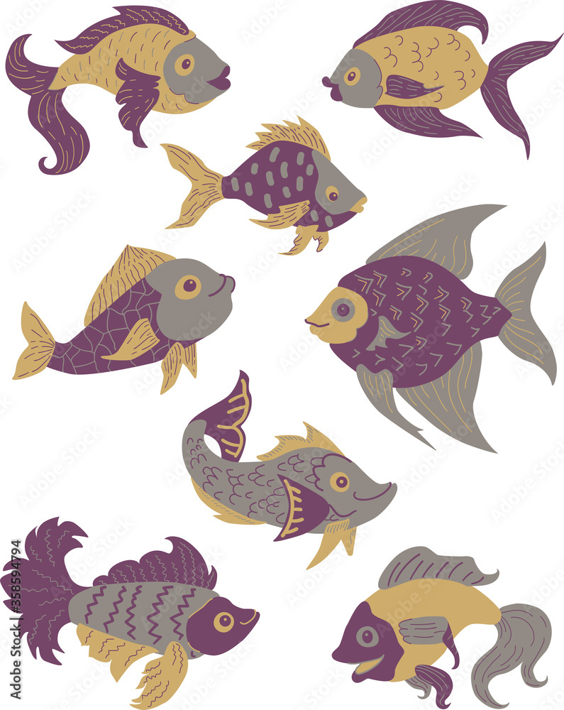 Isolated fish set. Set of freshwater aquarium cartoon fishes. Purple, gold, violet and grey colors. Flat design fish. Vector illustration, fishes. fish collection. Wild modern flat fishes. Isolated fish set. Set of freshwater aquarium cartoon fishes. Purple, gold, violet and grey colors. Flat design fish. Vector illustration, fishes. fish collection. Wild modern flat fishes.