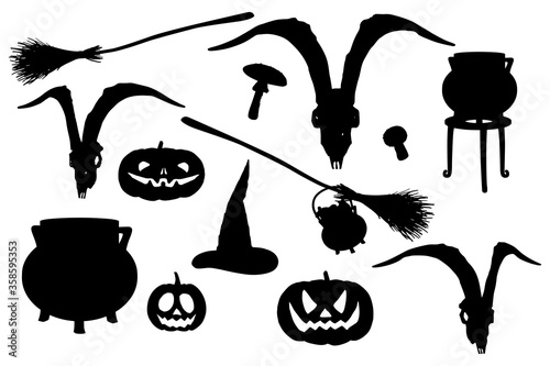 Witch stuffs silhouettes. Clip art set on white background