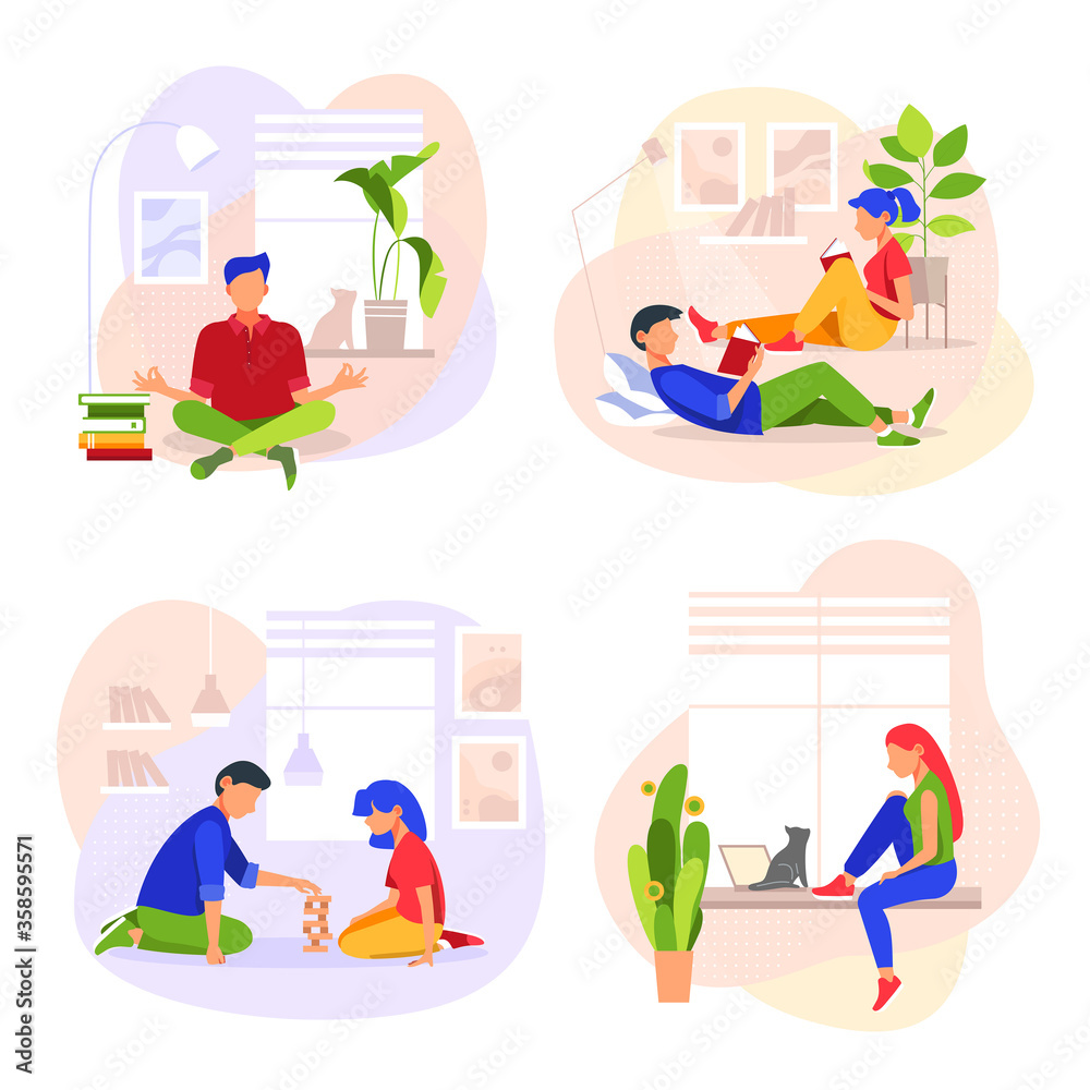 Fototapeta premium Stay at home concept illustration set. Vector Illustration