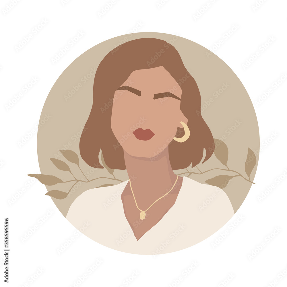 Girl on an abstract background with plants. Figure of a stylish woman. Jewelry and accessories, makeup. Minimalist modern portrait. Drawing art print in boho style. Vector illustration, fashion. Girl on an abstract background with plants. Figure of a stylish woman. Jewelry and accessories, makeup. Minimalist modern portrait. Drawing art print in boho style. Vector illustration, fashion.
