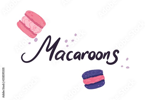 Colorful macaroons cookies. Menu dessert label product placements