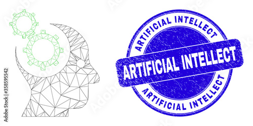 Web carcass head gears pictogram and Artificial Intellect stamp. Blue vector round distress seal stamp with Artificial Intellect title.