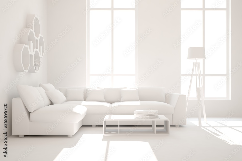 White room with sofa. Scandinavian interior design. 3D illustration White room with sofa. Scandinavian interior design. 3D illustration