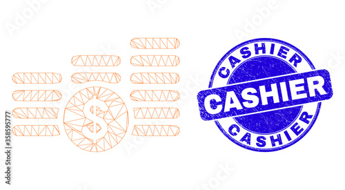 Web carcass dollar coin stacks icon and Cashier seal stamp. Blue vector rounded distress seal stamp with Cashier title. Abstract carcass mesh polygonal model created from dollar coin stacks icon.