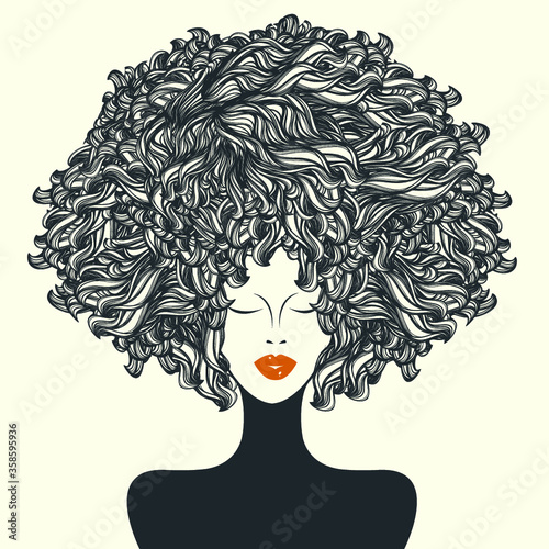 Hair salon and beauty studio illustration.Beautiful Afro-American woman with elegant hairstyle and makeup.Front view portrait.Fashion icon.