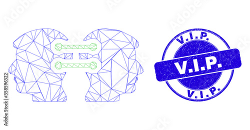 Web mesh head links integration icon and V.I.P. seal. Blue vector round grunge seal with V.I.P. text. Abstract frame mesh polygonal model created from head links integration icon.