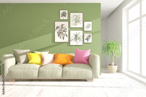 White stylish minimalist room with colorful sofa. Scandinavian interior design. 3D illustration