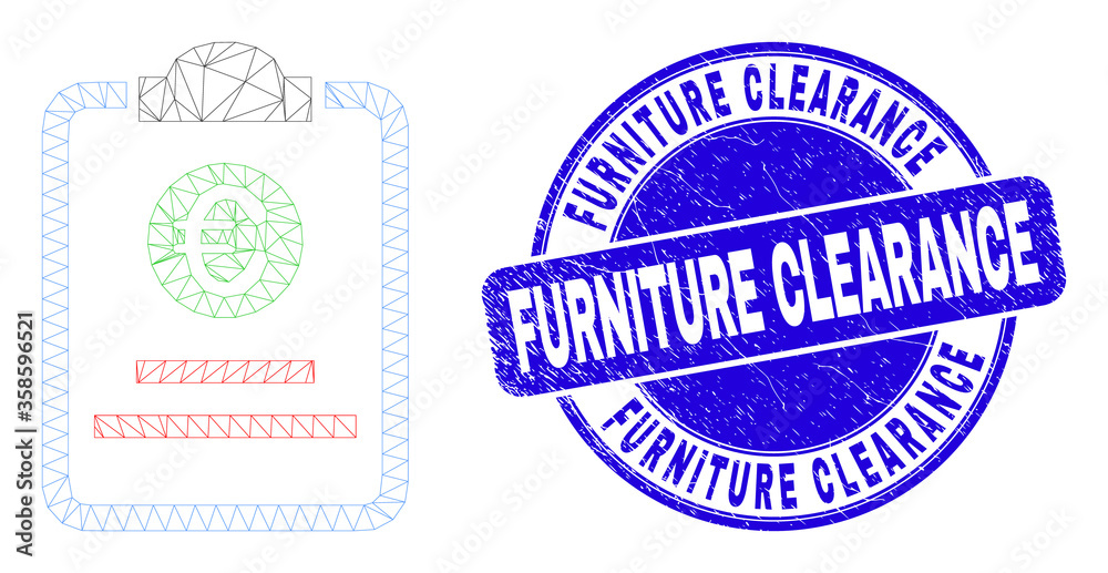 Obraz premium Web carcass euro price pad icon and Furniture Clearance stamp. Blue vector round distress stamp with Furniture Clearance text. Abstract carcass mesh polygonal model created from euro price pad icon.