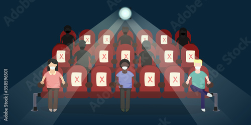 Vector illustration of new normal social distancing in cinema movie theatre