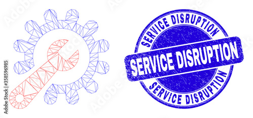 Web carcass repair tools pictogram and Service Disruption seal stamp. Blue vector rounded textured seal stamp with Service Disruption message.
