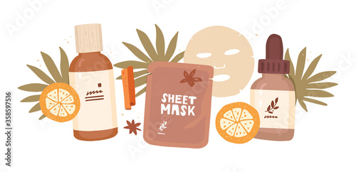 Skincare routine. Acne treatment, dermatology, and cosmetology. Drawn packaging with cosmetics. Lotion, serum, and face mask. Tropical leaves and orange slices. Design elements on a white background.