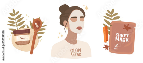 Vector illustrations set. Portrait of a girl with a face mask. T-shirt with the glow ahead lettering. Cosmetic packaging, sheet mask. Packaging with cream. Testing cosmetics, reviews, blog, influencer