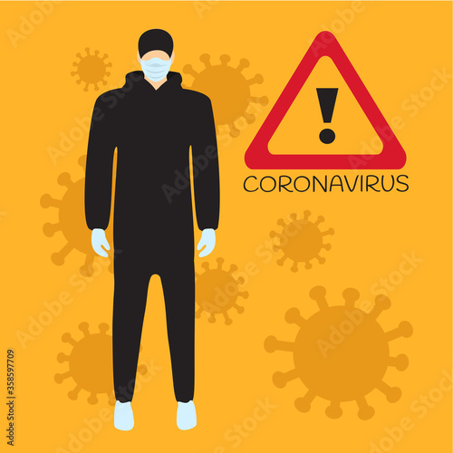 flat design person with medical face mask & uniform or protective suit. dangerous character with infection vector. people & outbreak coronavirus warning sign. man infected with Corona virus pandemic
