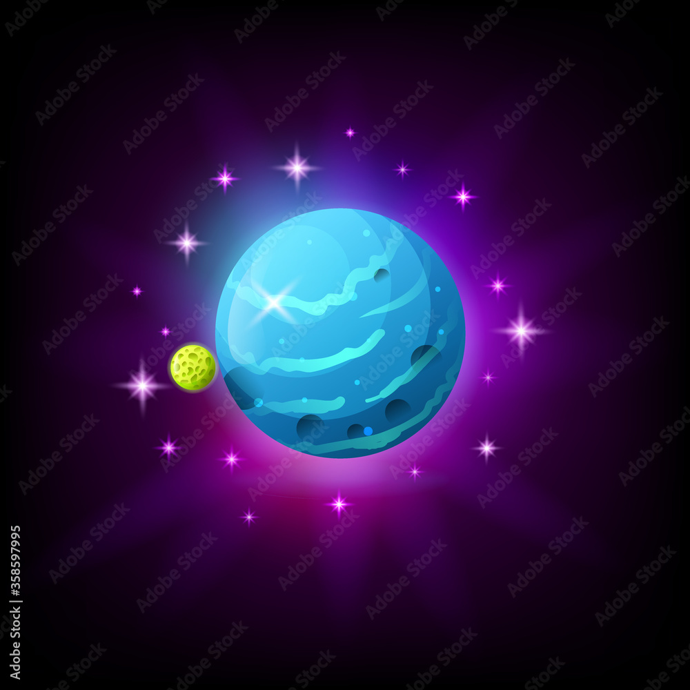 Blue planet with rings icon for game or mobile app on dark background