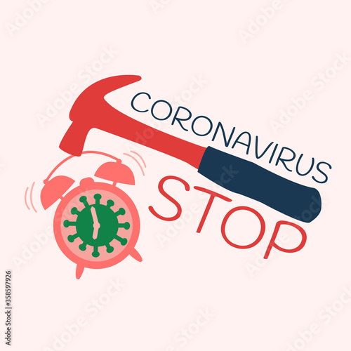 flat design infection alarm vector. outbreak coronavirus or wuhan sign. stop the Corona virus novel pandemic concept & wake up. no time waiting creative. epidemic illustration or alarm symbol isolated