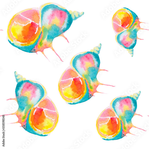 Wallpaper Mural several shells, blue, yellow, pink. seamless pattern. watercolor Torontodigital.ca