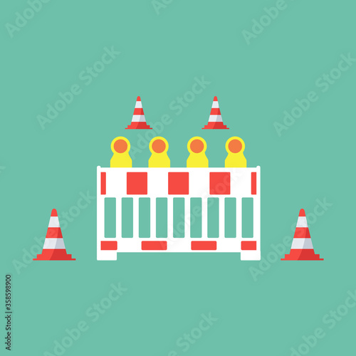 Red and white street barrier obstacle. stop coronavirus. Road closed ahead vector flat design symbol or roadblock cartoon icon. traffic road cone sign & reflector graphic. roadworks & Barricad
