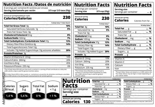 Vector Nutrition Facts food table Label design template. Serving size , fats and calories list for fitness healthy dietary, protein sport nutrition facts. Mock up table label for food package design.