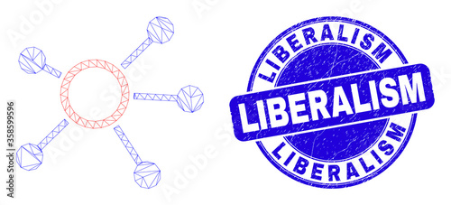 Web mesh links icon and Liberalism seal stamp. Blue vector rounded scratched stamp with Liberalism caption. Abstract carcass mesh polygonal model created from links icon.