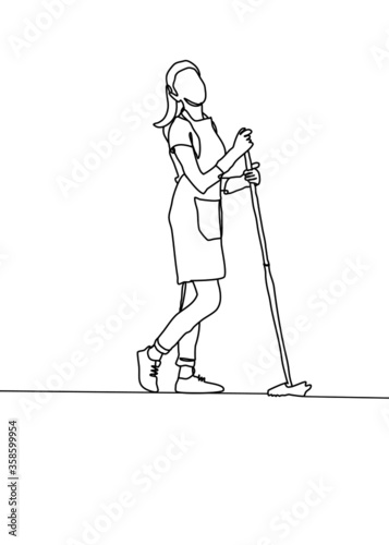 drawing line, the housewife is standing with cleaning equipment