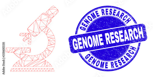 Web mesh microscope pictogram and Genome Research stamp. Blue vector round textured stamp with Genome Research text. Abstract frame mesh polygonal model created from microscope pictogram.