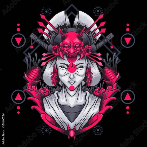 Geisha Illustration Sacred Geometry. Perfect for t-shirt/apparel, merchandise, pin design, skateboard, etc