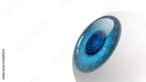 Robot or human eyeball close-up with blue pupil scanning an eye on a white background